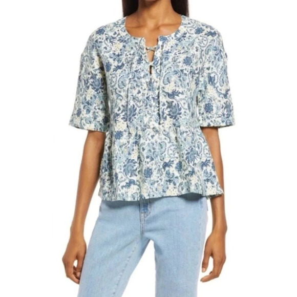 Faherty Salinas Floral Lace-up Linen Top blue 33764 - Picture 1 of 15